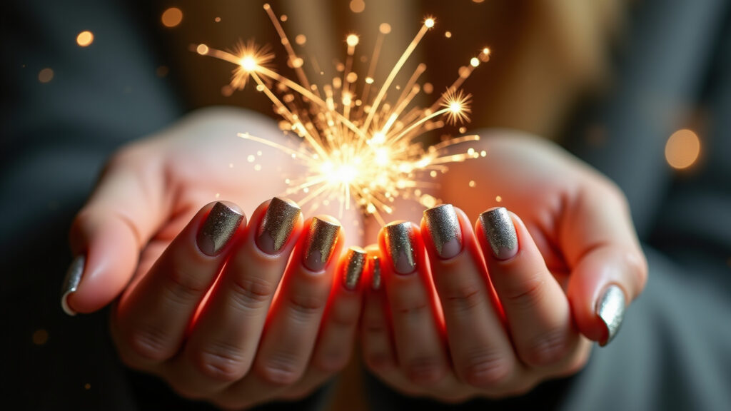 Sparkling New Year's Eve nails, gold, silver, fireworks. Professional photography, 8K quality, Unhas de Natal para o Ano Novo, brilho duplo.