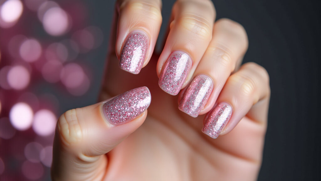Sparkling pink and white glitter nails, glamorous look, 8K quality, sharp focus, artificial light, Unhas com glitter rosa e branco: brilho e glamour para ocasiões especiais.