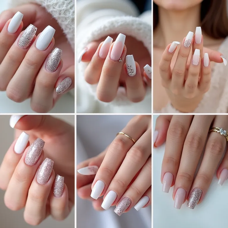 Tabela de inspirações: unhas decoradas de branco com glitter.