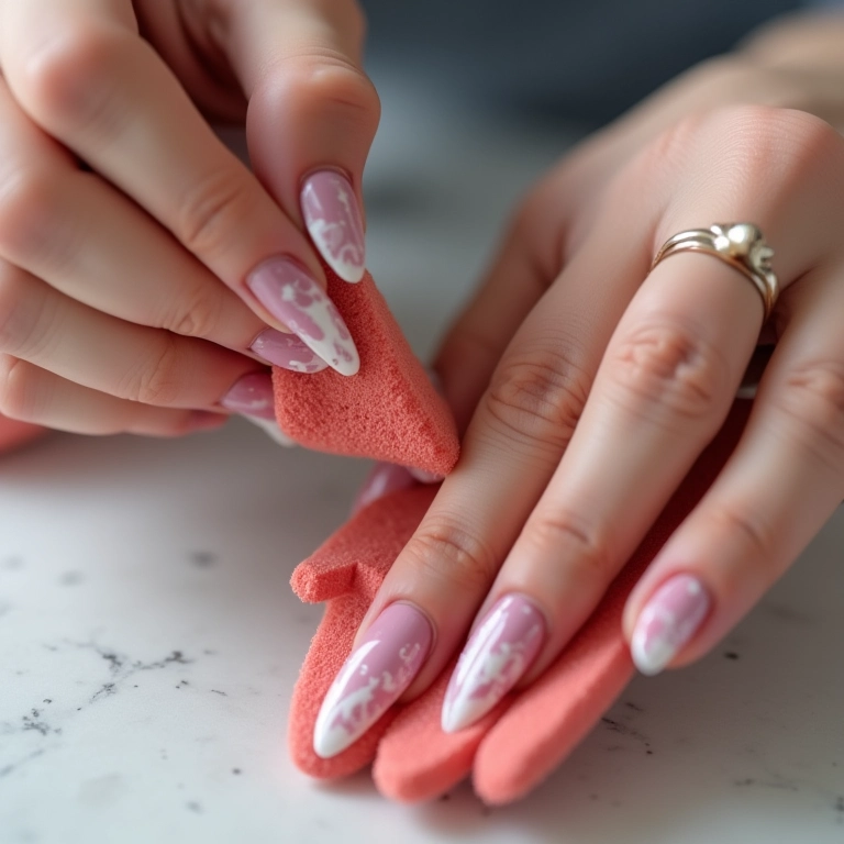Técnica da esponja para criar o efeito marmorizado nas unhas.