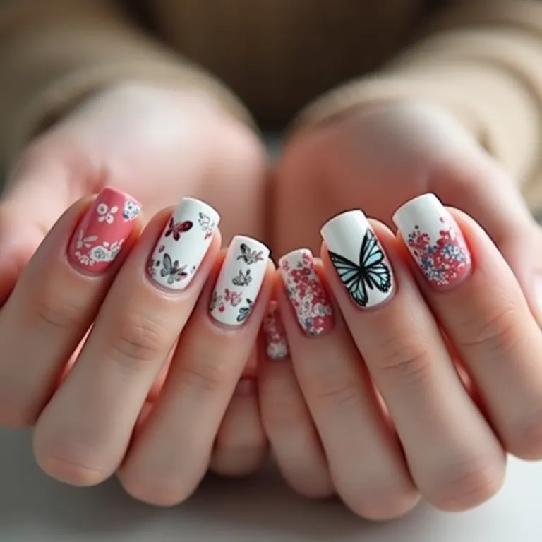 Técnicas de decoração com borboletas para unhas de gel: stamping, pintura à mão e adesivos.