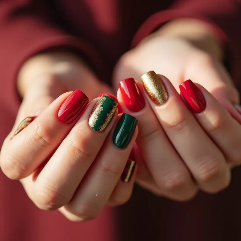 Tendências de cores para unhas de gel no Ano Novo 2026: vermelho, dourado e verde esmeralda.