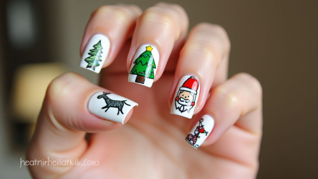 Themed nail art, Christmas colors, tree drawings, fun visuals, lifestyle photography, 8K quality, Unhas temáticas de Natal com desenhos de árvores.