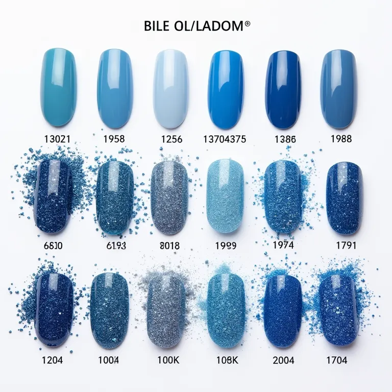 Tipos de glitter para unhas de gel azul.