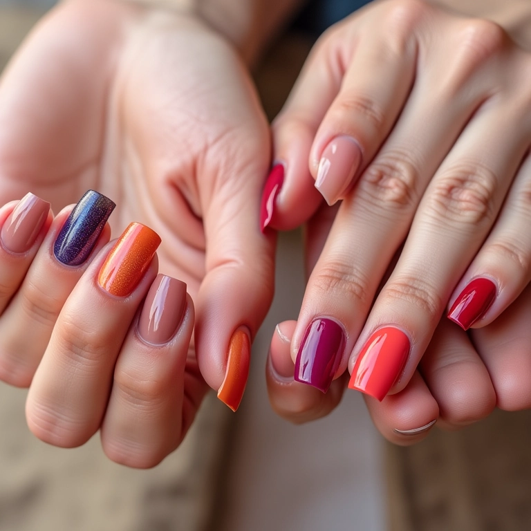 Transformação de unhas de gel: antes e depois com cores vibrantes e acabamento brilhante.
