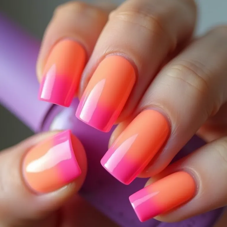 Transição suave e moderna em unhas degradê neon.