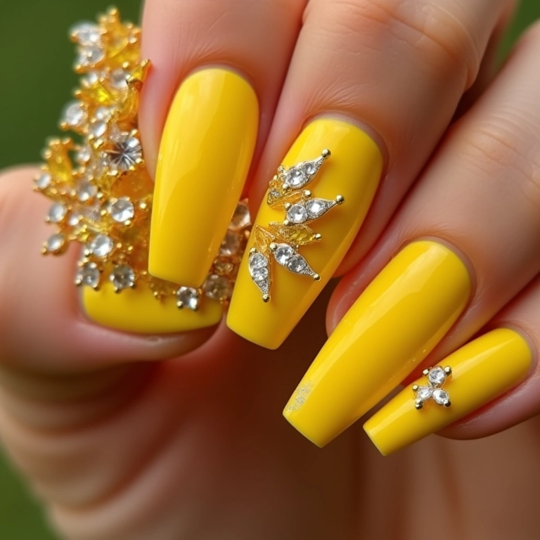 Unha amarela com pedrinhas e strass.