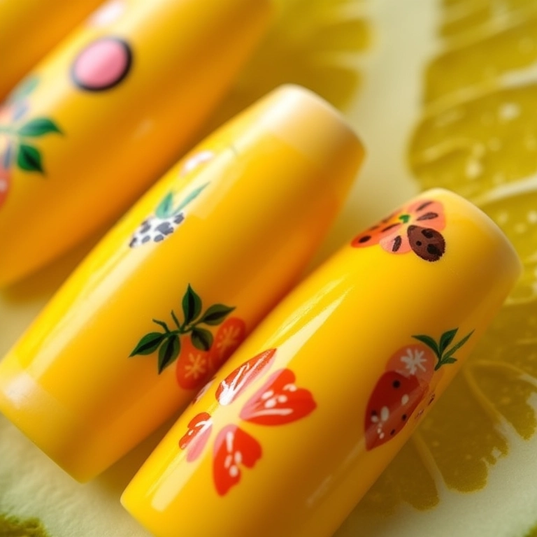 Unha amarela com tema de frutas.