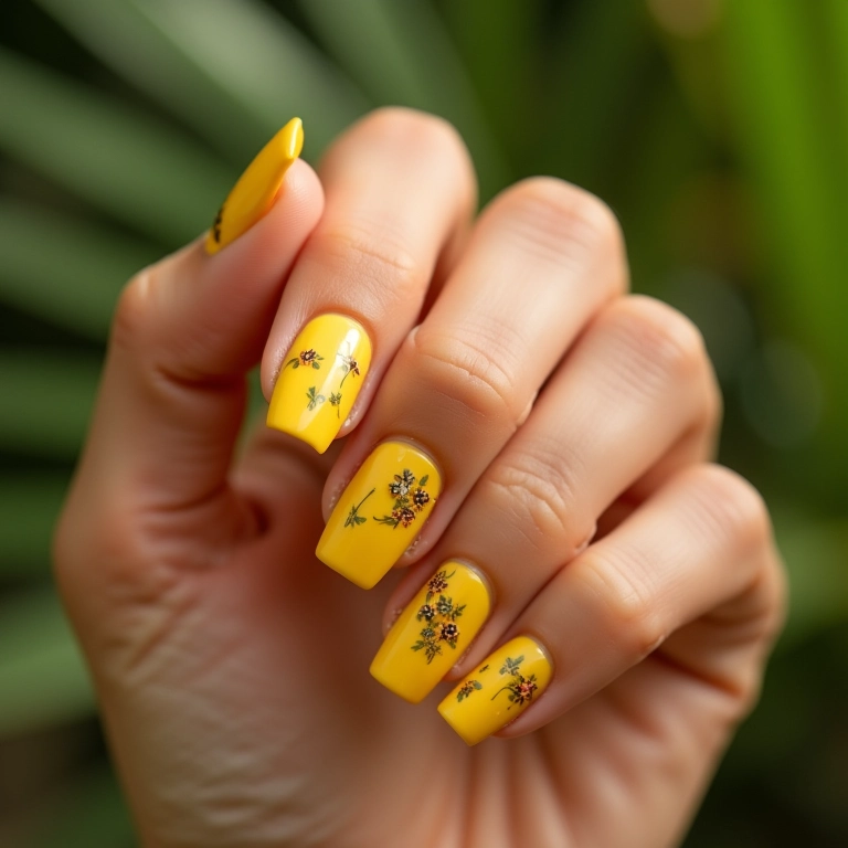 Unha amarela decorada com delicadas flores.