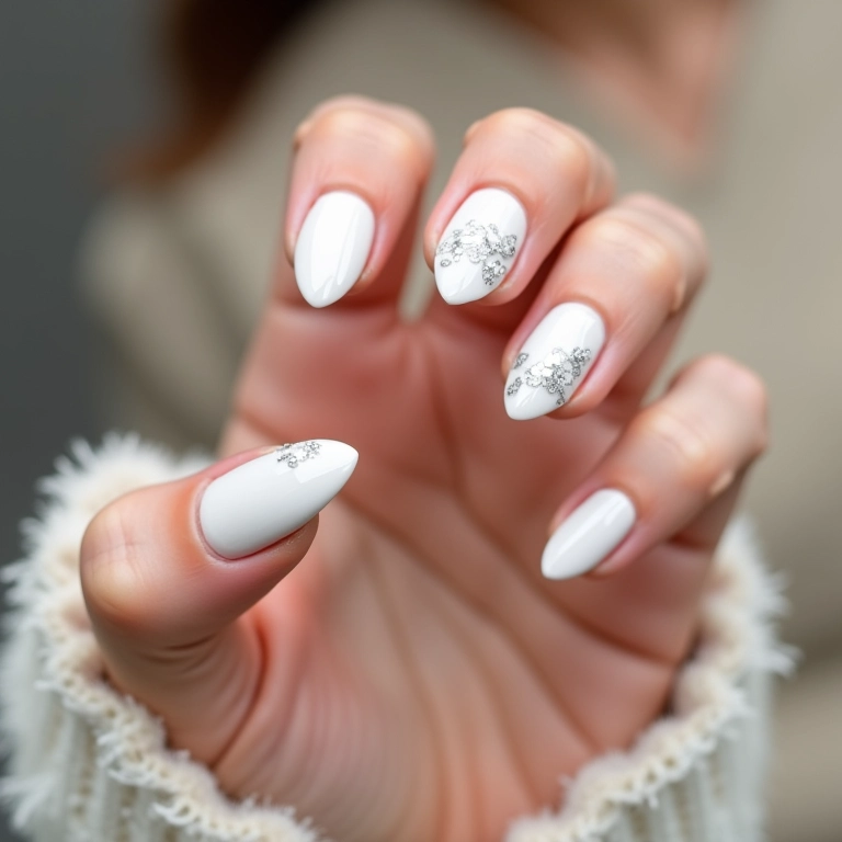 Unha amendoada branca com glitter.