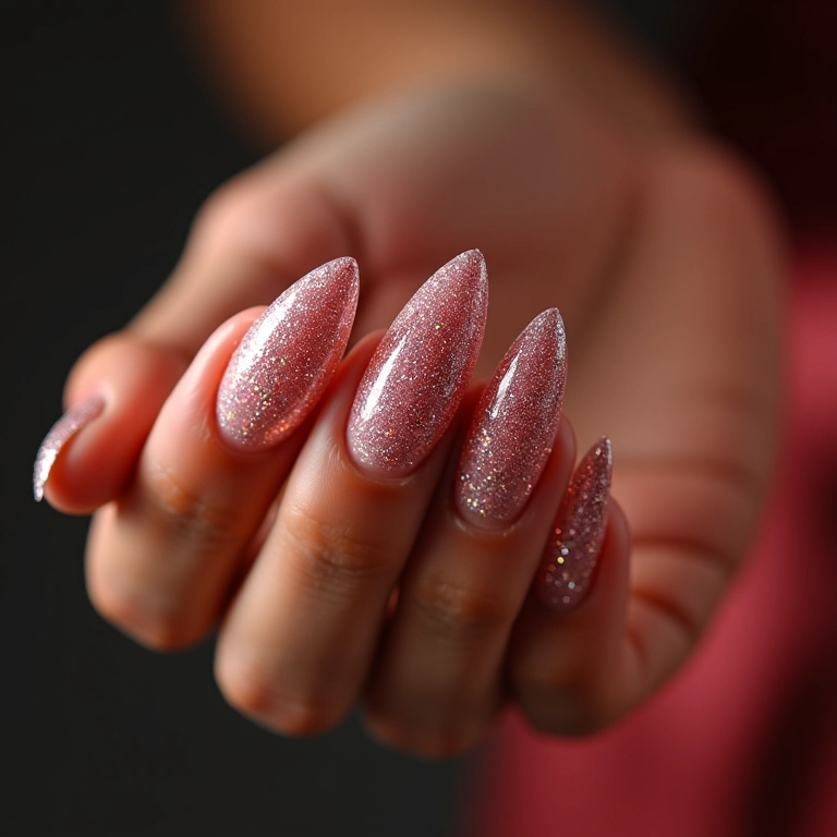 Unha amendoada com glitter, efeito cintilante e festivo.