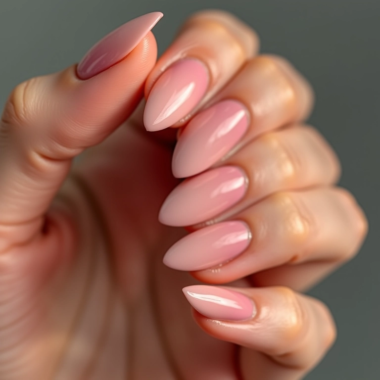 Unha amendoada ombré, transição suave de cores.