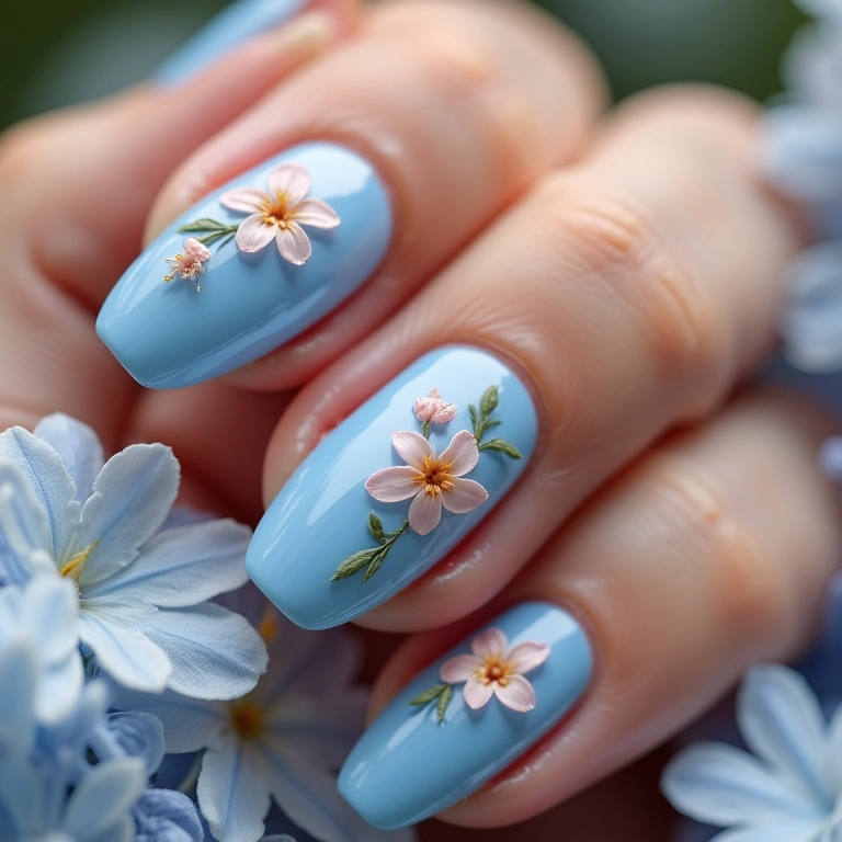 Unha azul bebê com delicadas flores desenhadas.