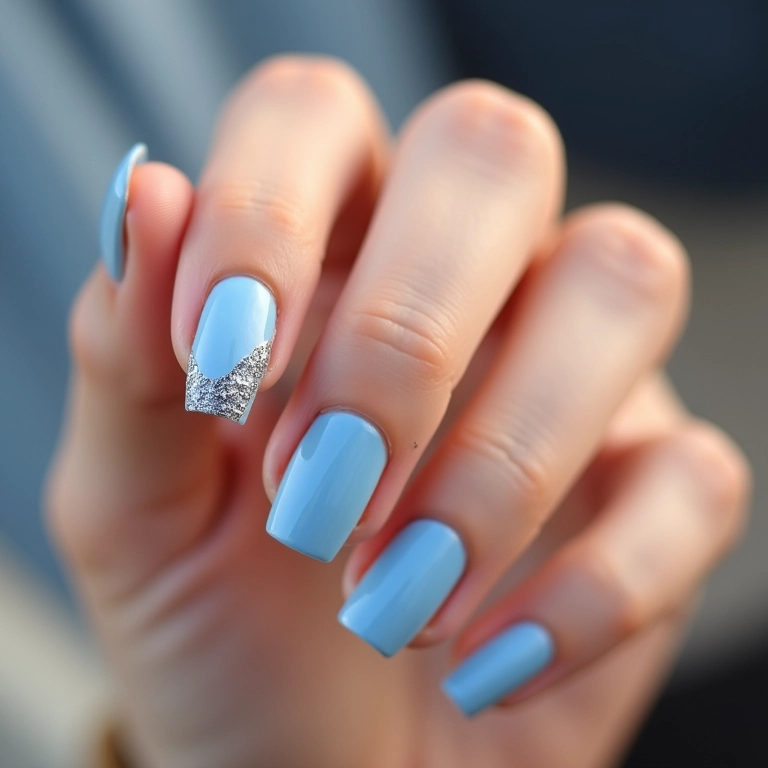 Unha azul bebê com filha única decorada com glitter.