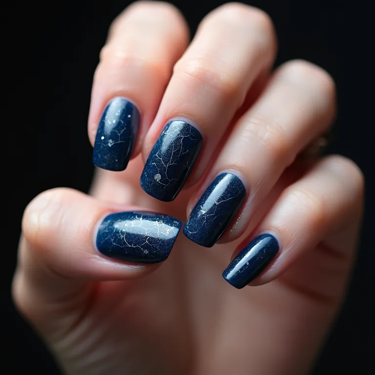 Unha azul escuro com efeito craquelado