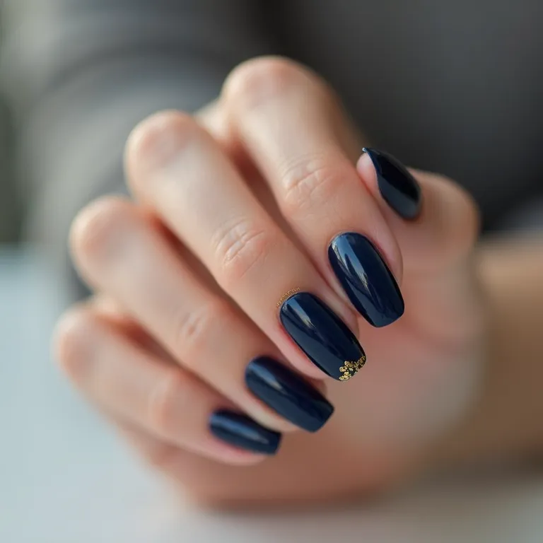 Unha azul escuro minimalista com detalhe dourado