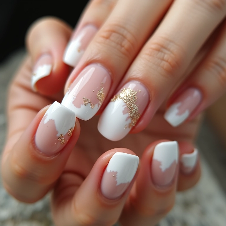 Unha branca com detalhes em glitter dourado.