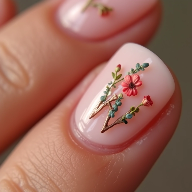 Unha com a letra W em estilo floral.
