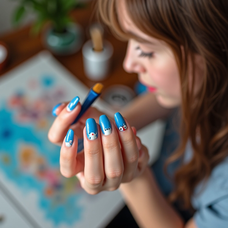 Unha de gel azul com desenhos: criatividade e diversão em cada detalhe.