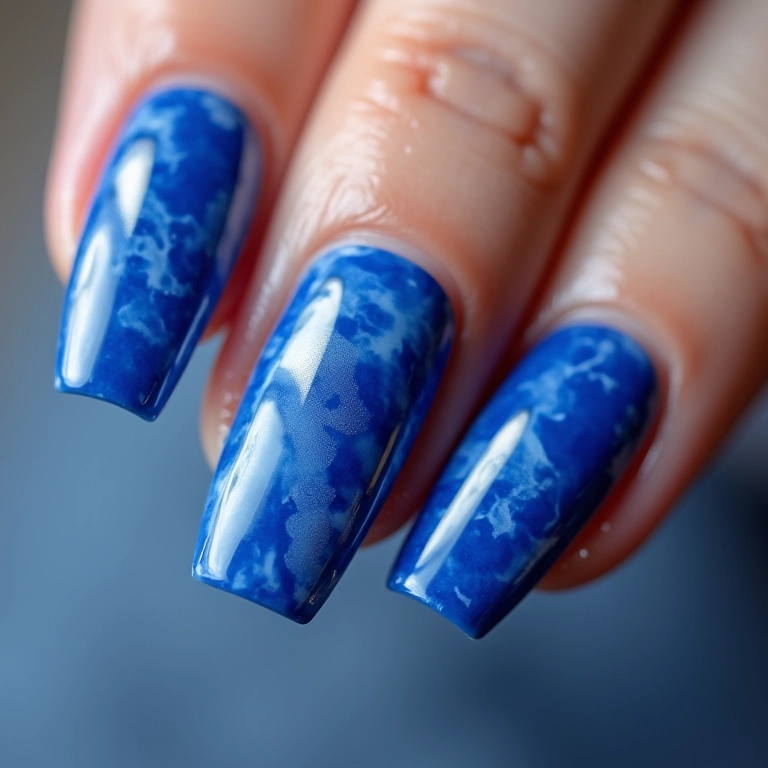 Unha de gel azul marmorizada: sofisticação e elegância em um design único.