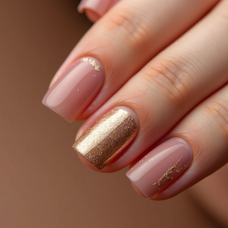 Unha de gel filha única com glitter dourado.