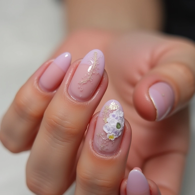 Unha de gel oval decorada com filha única em tons pastel.