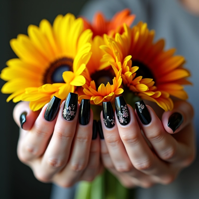 Unha de gel preta com adesivos de flores