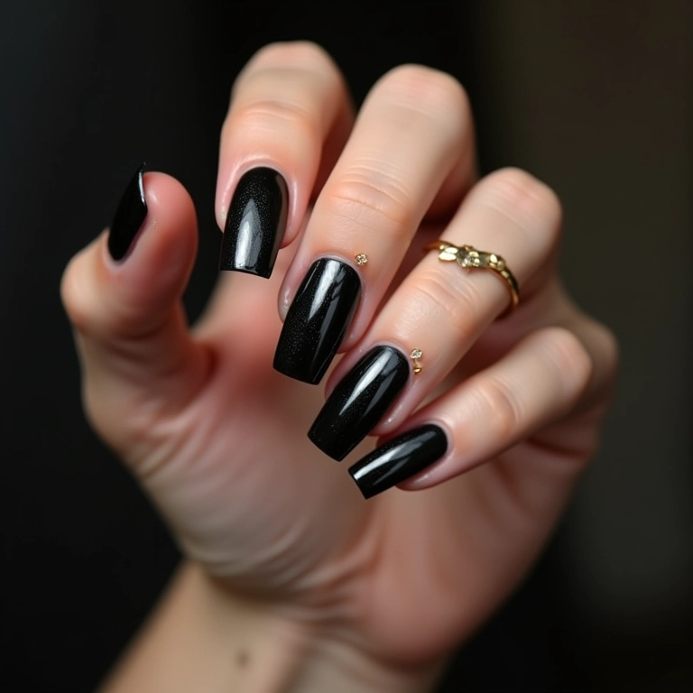 Unha de gel preta com aplicações 3D em mão de mulher.