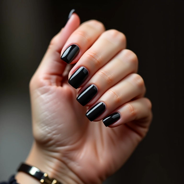 Unha de gel preta com degradê em mão de mulher.
