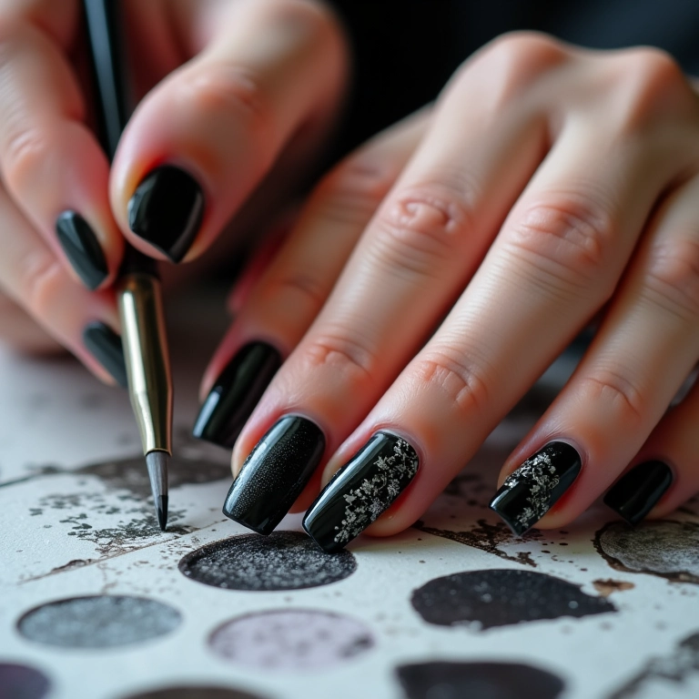 Unha de gel preta com desenhos feitos à mão