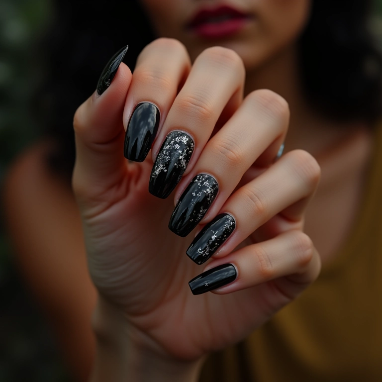 Unha de gel preta com desenhos geométricos em mão de mulher.
