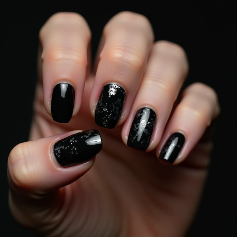 Unha de gel preta com desenhos tribais.