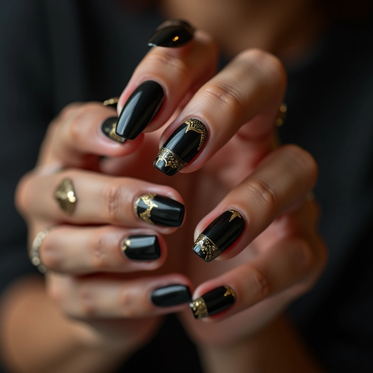 Unha de gel preta com detalhes dourados em mão de mulher.