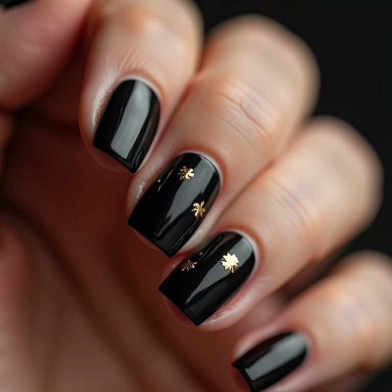 Unha de gel preta com detalhes em dourado.