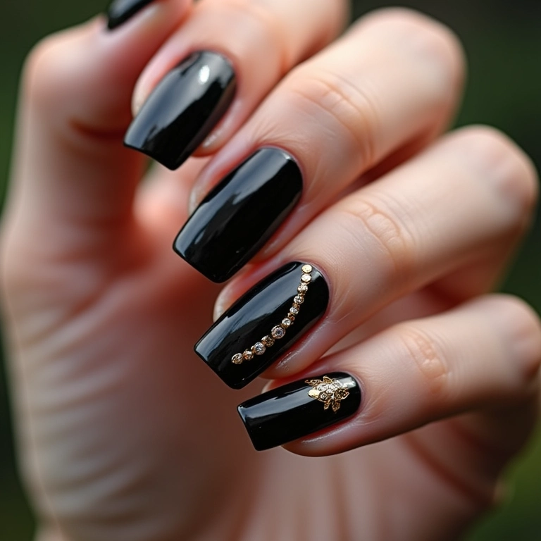 Unha de gel preta com detalhes em dourado.
