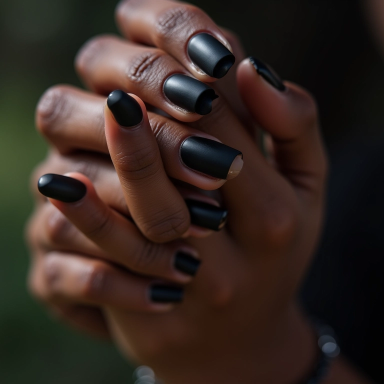 Unha de gel preta com efeito fosco em mão de mulher negra.
