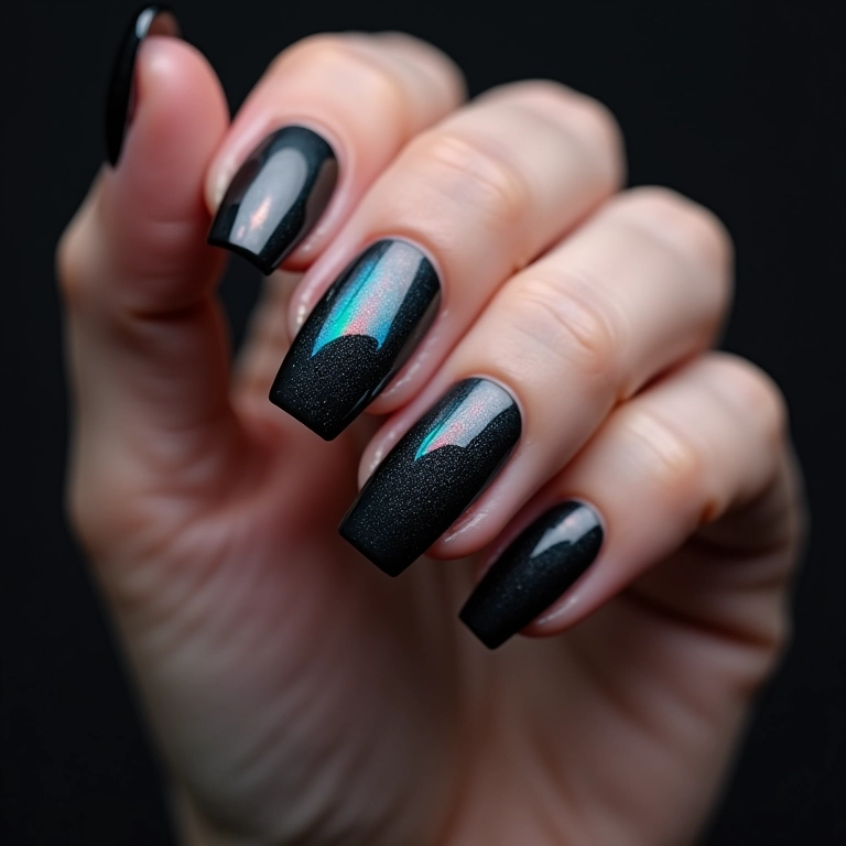 Unha de gel preta com efeito holográfico.
