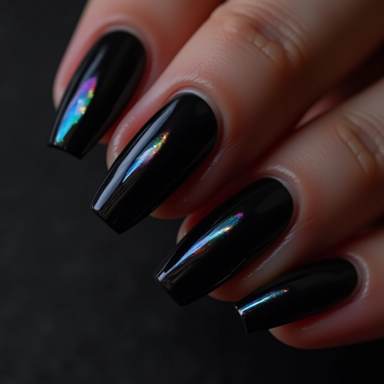 Unha de gel preta com efeito holográfico.