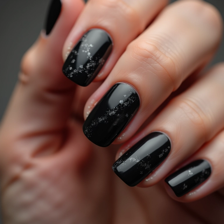 Unha de gel preta com efeito marmorizado.