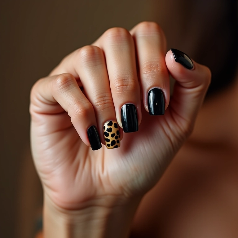 Unha de gel preta com estampa animal print em mão de mulher.