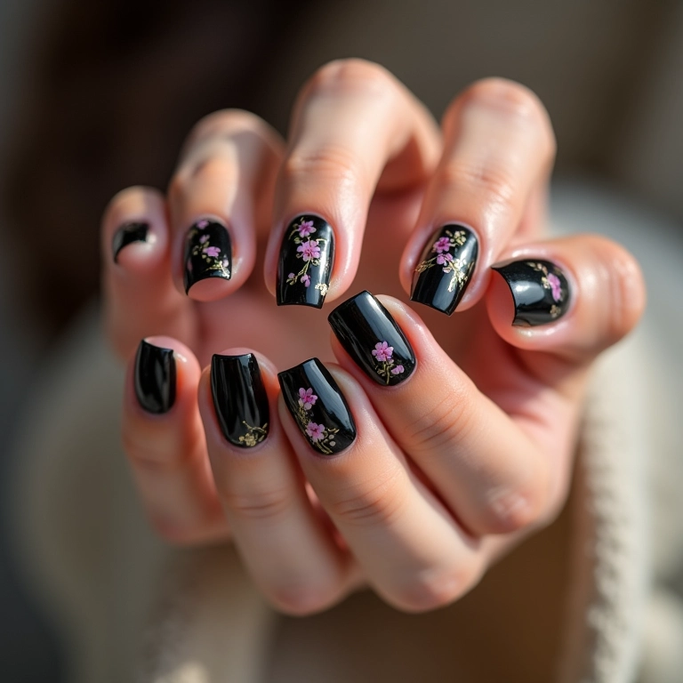 Unha de gel preta com flores.