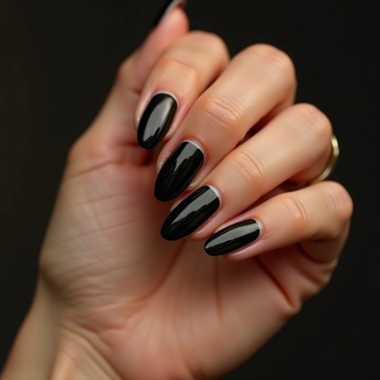 Unha de gel preta com francesinha em mão de mulher.