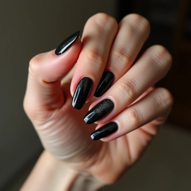 Unha de gel preta com glitter prata.