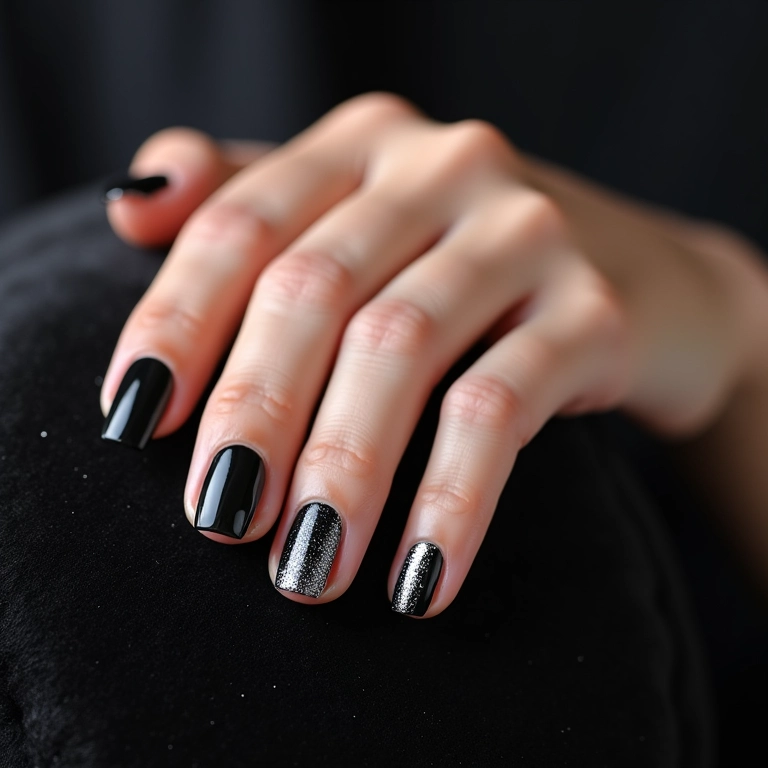 Unha de gel preta com glitter prata no dedo anelar