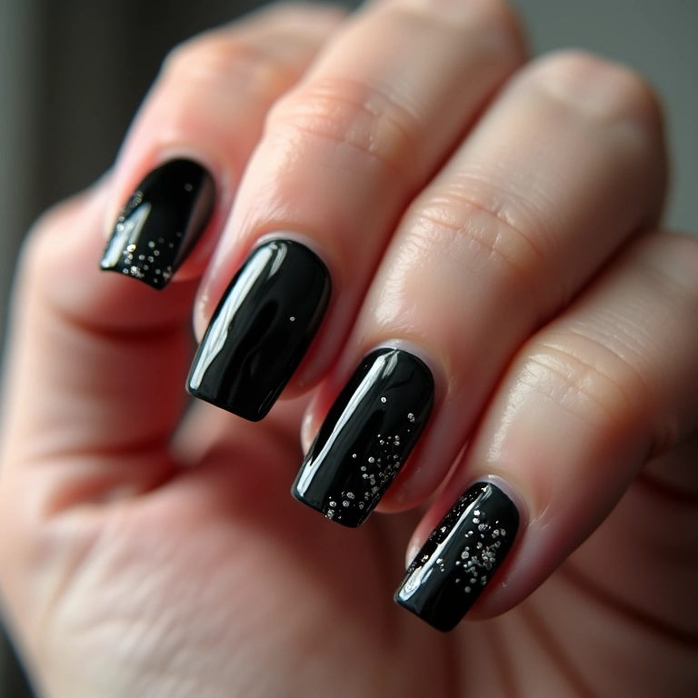 Unha de gel preta com glitter prata.