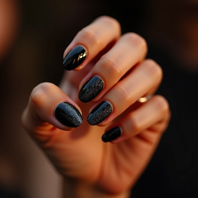 Unha de gel preta com glitter prateado em mão de mulher.