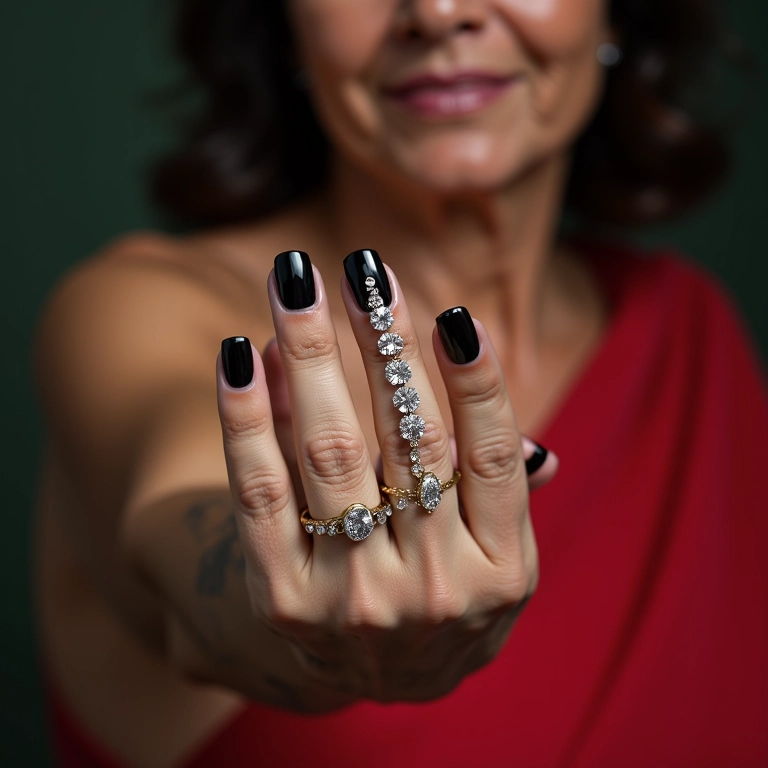 Unha de gel preta com pedrarias em mão de mulher madura.