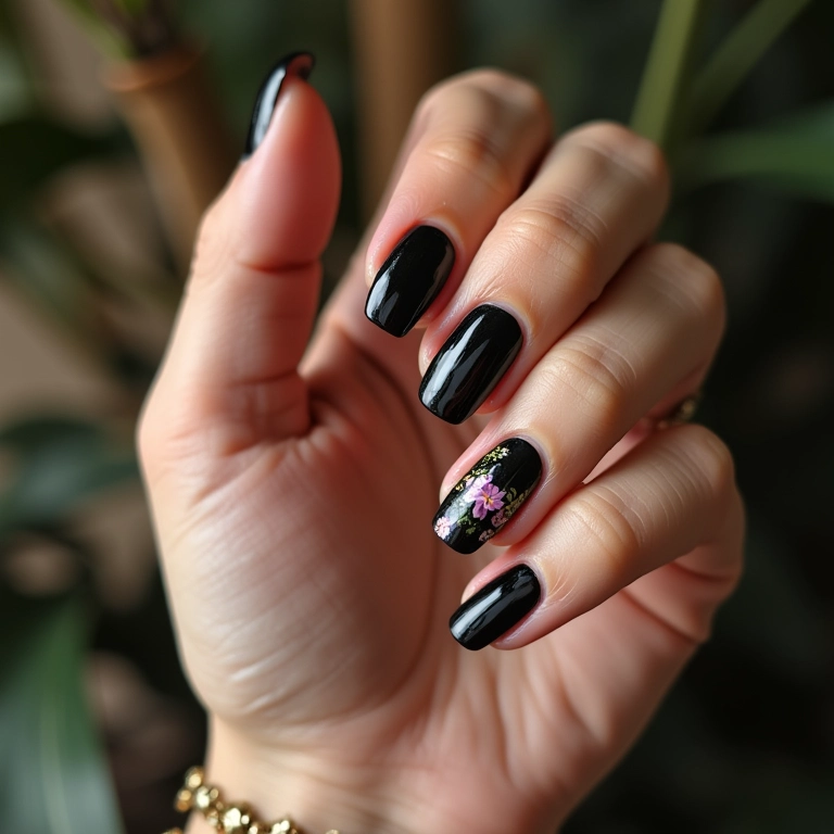 Unha de gel preta com película decorativa em mão de mulher.