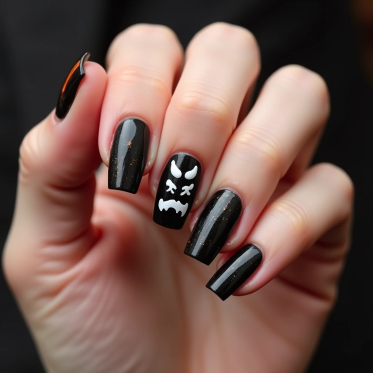 Unha de gel preta com tema de Halloween.