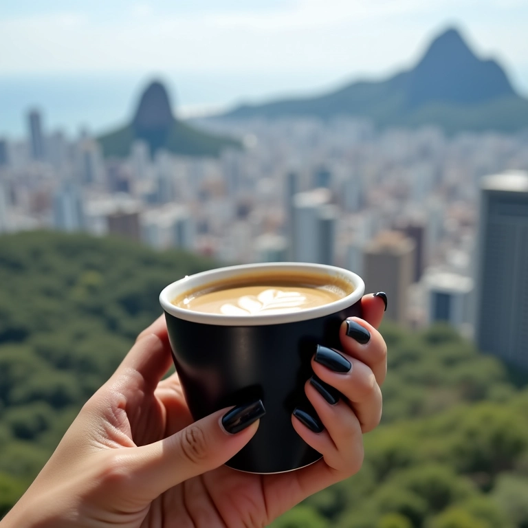 Unha de gel preta fosca com mãos segurando xícara de café